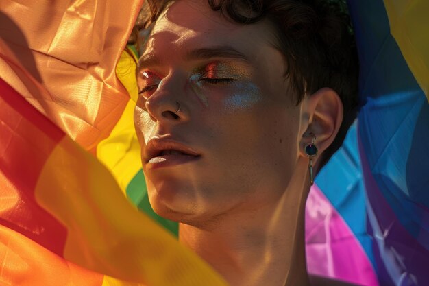 Photo young man with make up and earring behind lgbtq flag