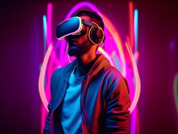 Young man with neon lights wearing VR headset and experiencing virtual reality metaverse