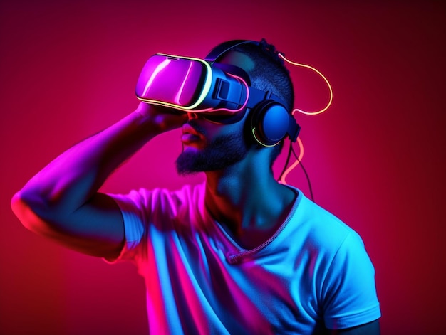 Young man with neon lights wearing VR headset and experiencing virtual reality metaverse