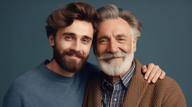 Young man with older father cuddling together Happy Father day