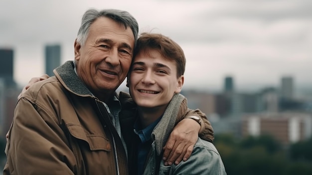 Young man with older father cuddling together Happy Father day