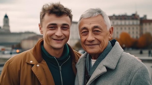 Young man with older father cuddling together Happy Father day