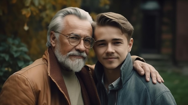 Young man with older father cuddling together Happy Father day