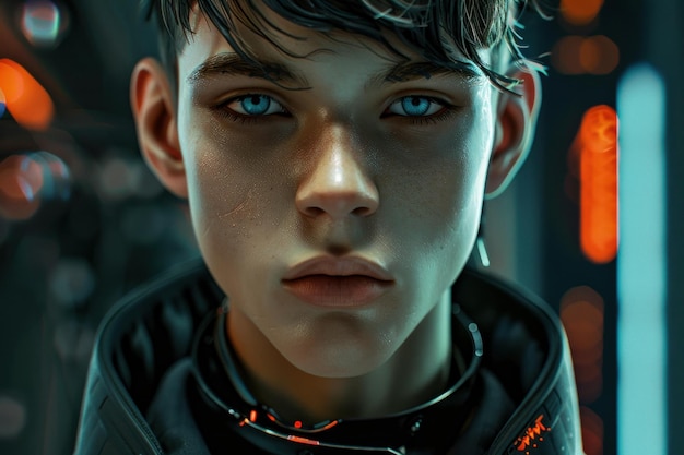 Photo young man with piercing blue eyes looking serious in futuristic setting