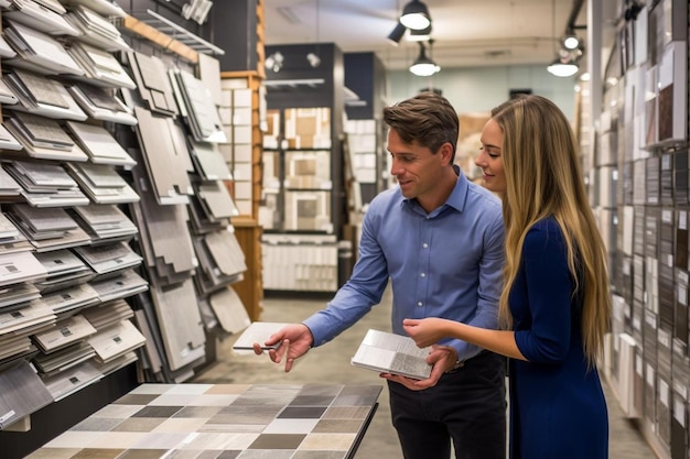 Young man with sales woman choosing tiles at building market