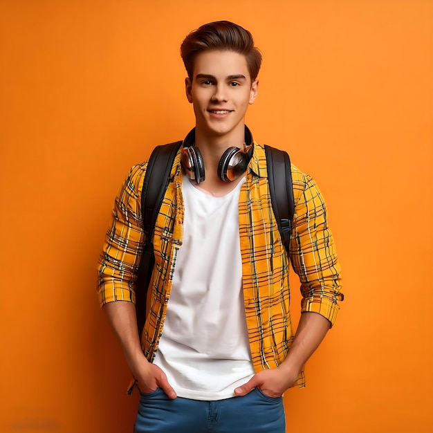 Photo a young man with a smile stands confidently with his arms crossed