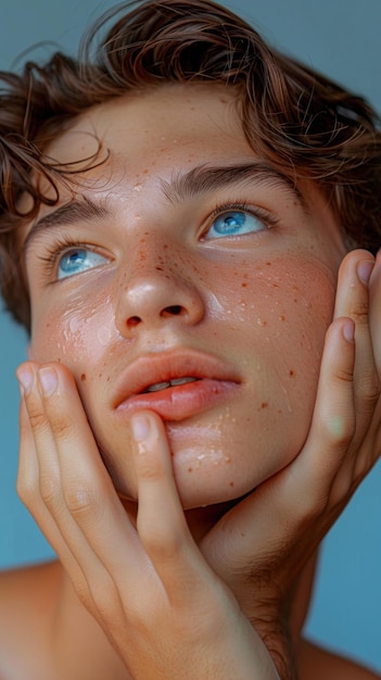 A young man with striking blue eyes and freckles on his face gazes at the camera with a look