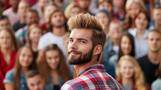 Photo a young man with a stylish haircut is smiling warmly while facing the camera surrounded by a diverse crowd of people enjoying a lively outdoor gathering