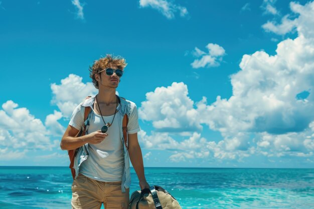 Photo young man with sunglasses and bag at tropical beach