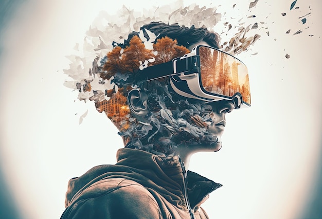 Young man with VR glasses immersed in virtual reality surreal abstract background double exposition Creative art and metauniverse technology 3D rendering AI generated