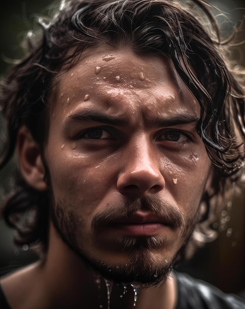 A young man with water drops on his face