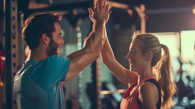 A young man and woman are working out in a gym They are both smiling and look happy