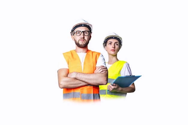 Young man and woman in construction clothes on a white background.