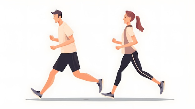 young man and woman runner athlete characters stride their bodies angled forward legs in