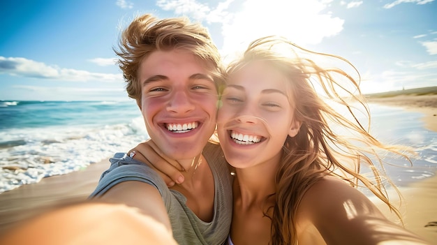 Photo young man and woman smiling together taking selfie on sunny beach