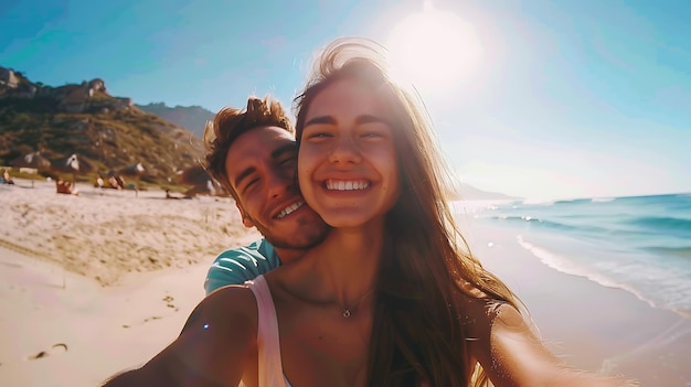 Photo young man and woman smiling together taking selfie on sunny beach