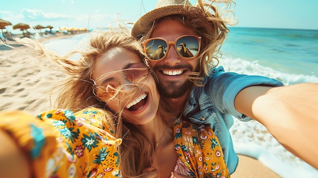 Photo young man and woman smiling together taking selfie on sunny beach