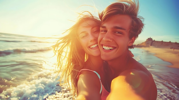 Photo young man and woman smiling together taking selfie on sunny beach