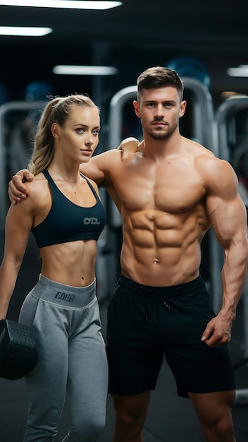 Young man and woman trning together for bodybuilding