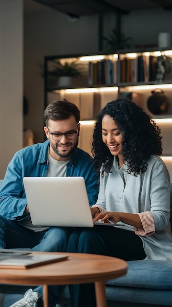 Young man and woman using laptop