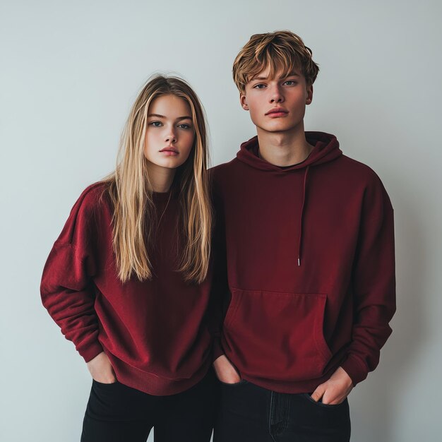 Photo a young man and woman wearing matching burgundy hoodies stand against a white wall looking at the camera with serious expressions