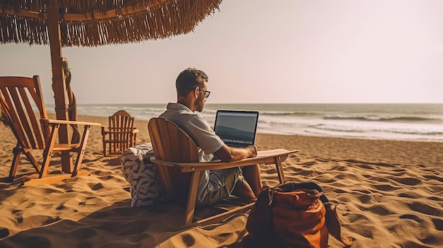 Young man working as digital nomad on the beach Generative AI