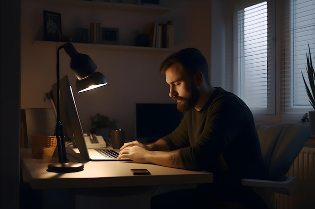 Young man working at computer in home office Workplace of freelancer working remotely and distant