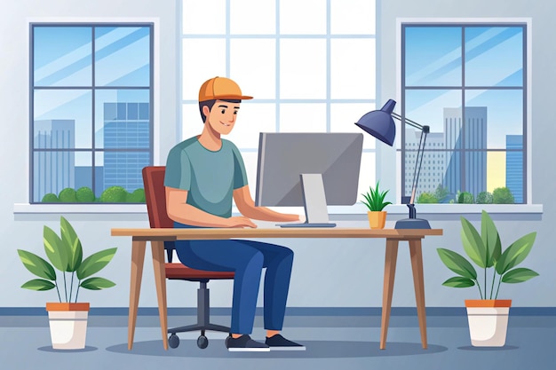 Photo young man working diligently at his clean office desk