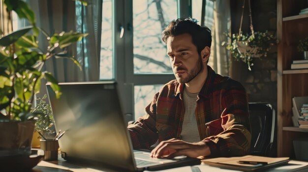 Photo young man working from home office remote setting