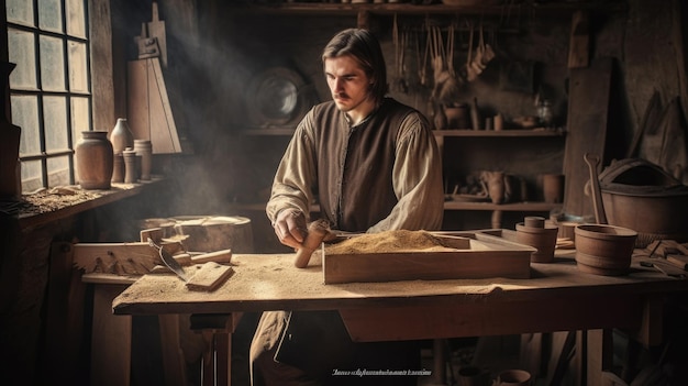 Young man working in furniture workshop with wood planer with determination Generative AI AIG21