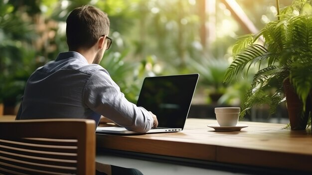 A young man working on his laptop in a coffee shop rear view of business man hands busy using laptop at office desk young male student typing on computer sitting at a wooden table