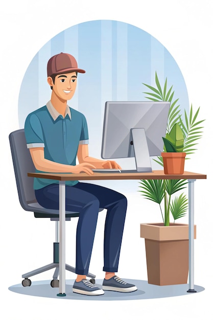 Photo young man working at his organized office desk