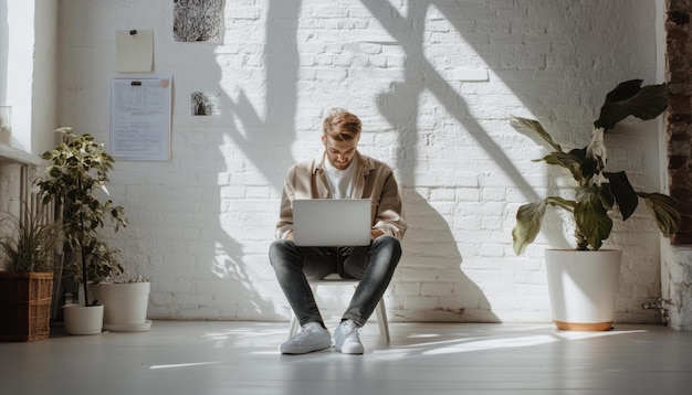 Photo young man working on a laptop in a bright minimalist room with plants on the floor