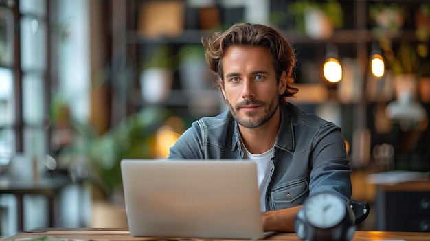 Young man working on laptop in modern cafe during daytime