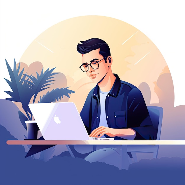 Young man working on laptop in the park Vector illustration in cartoon style