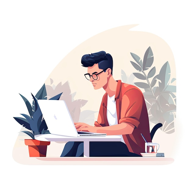 Young man working on laptop in the park Vector illustration in cartoon style