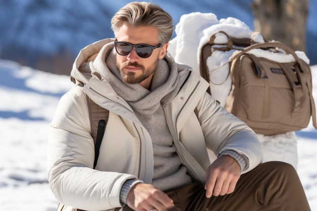 Young man working on laptop with stunning snow mountain view during an adventurous summer journey