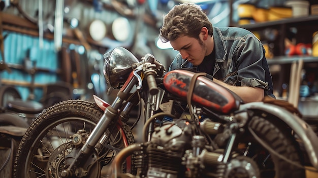 Young man working on a motorcycle in a garage