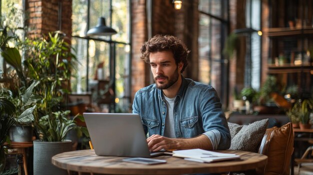 Young Man Working Remotely in a Modern Cafe