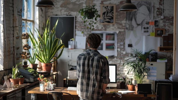 Photo a young man working at a rustic desk in a loft space the image represents creativity producti