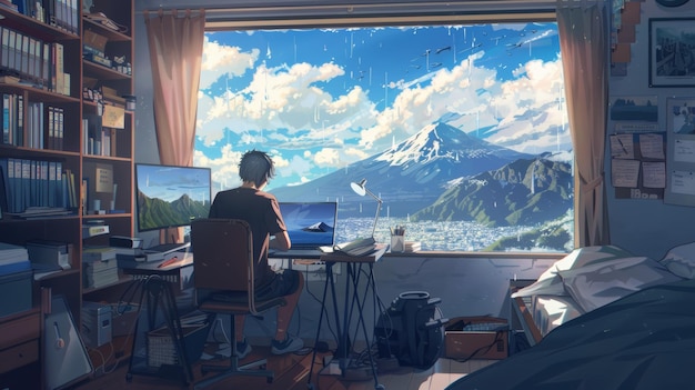 Young man working at their desk in bed room Digital painting Anime style