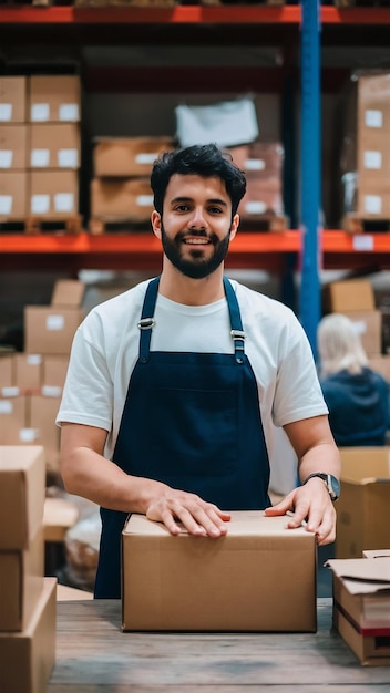 Young man working at a warehouse with boxes