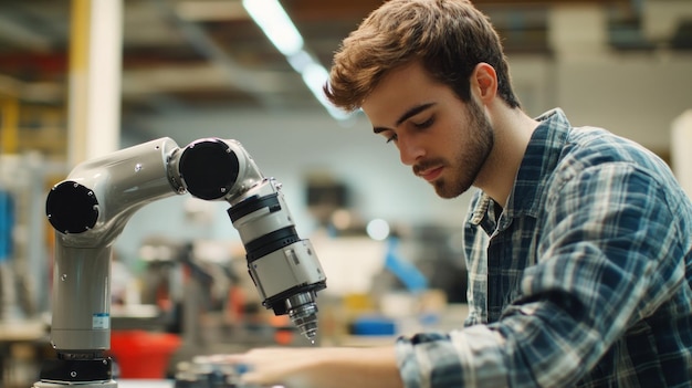 Photo a young man works with a robotic arm in a workshop environment focusing on a project