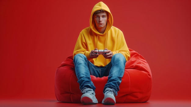 Photo young man in a yellow hoodie sits on a red beanbag chair and holds a game controller