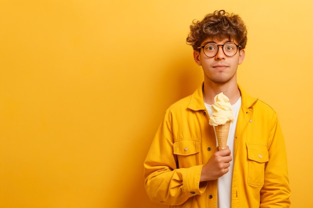 Photo a young man in a yellow jacket holding an ice cream cone