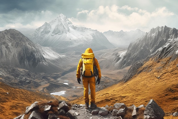 Young man in yellow jacket in mountains active vacationstravelling