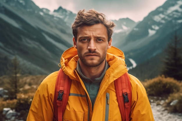 Young man in yellow jacket in mountains active vacationstravelling