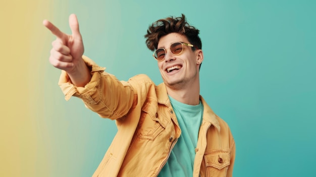 A young man in a yellow jacket and sunglasses points joyfully set against a green and yellow gradient background exuding energy and playfulness