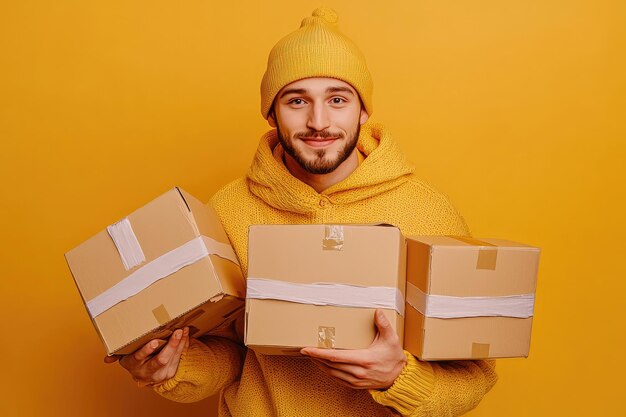 Photo young man in yellow outfit holding delivery packages