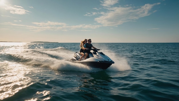 A young man and a young woman are riding a jet ski on a sunny day at sea